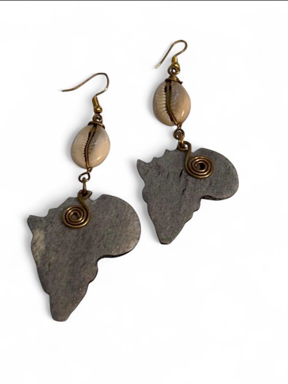 Handcrafted Cowrie & Africa Map Dangle Earrings Neutral Tones Copper Spiral Gold